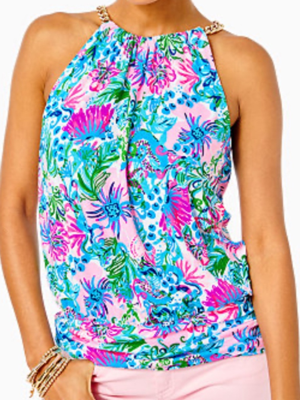 LILLY PULITZER MANDEVILLA BABY PARADISE PETALS GOLD CHAIN HALTER TOP